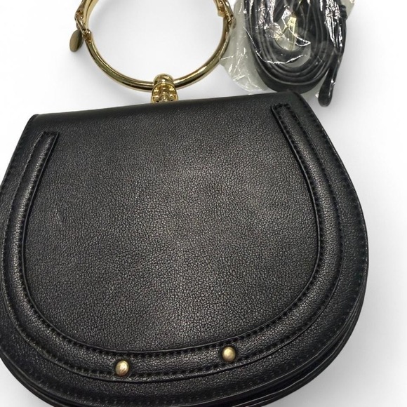 The Unbranded Brand Handbags - Black Half Moon Crossbody Bag Gold Ring Handle Minimalist Shoulder Bag